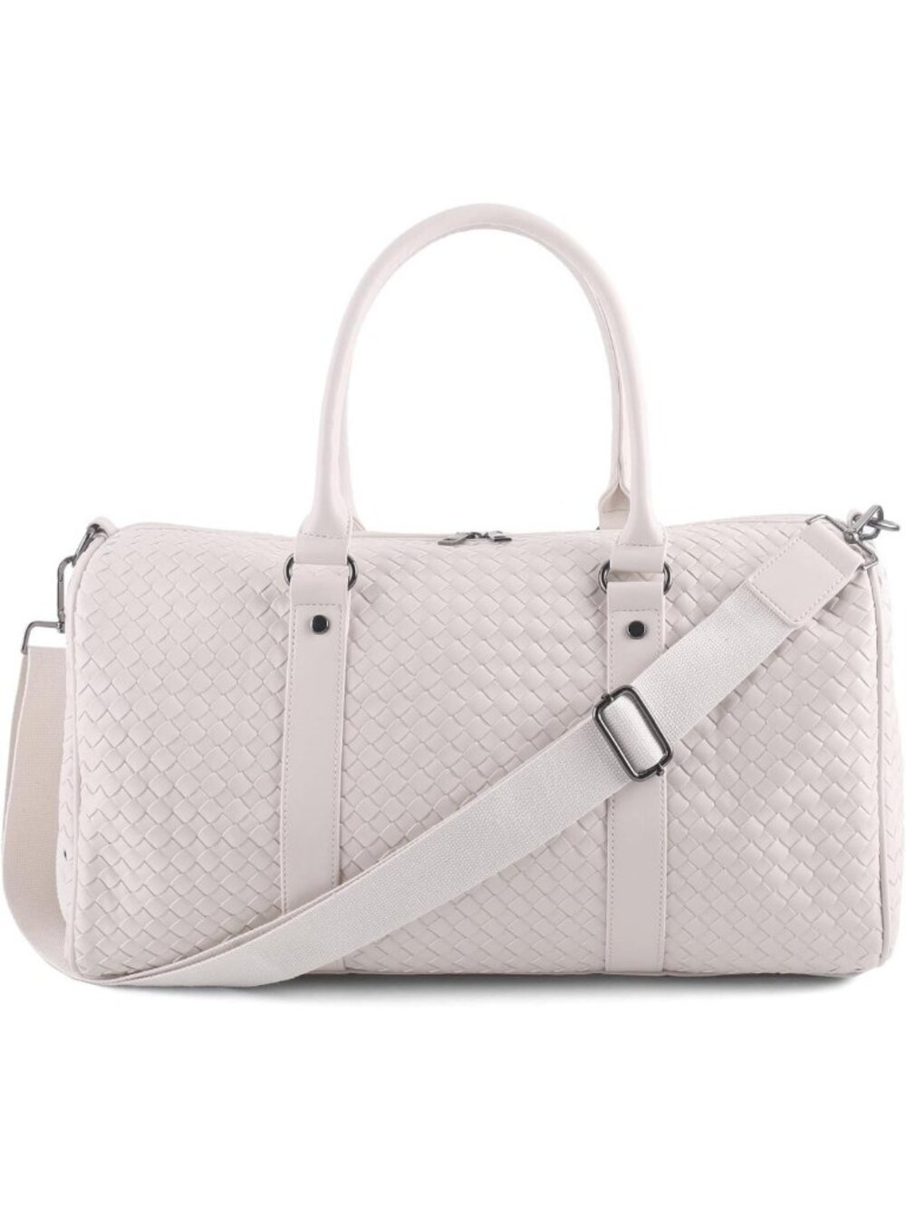 Beige Woven Leather Weekender Duffel Bag, Stylish 18-Inch Travel Tote